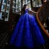 Chic Royal Blue Quinceanera Vestidos fora do ombro cristal frisado renda apliques doce 16 vestido de baile 326 326