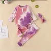 Tie Dyed Girls Romper Byxor Headband 3st Set Långärmad Barnkläder Boutique Baby Girl Clothes Wholesale BT5775