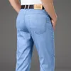 Erkek kot yaz giyim düz streç kot pantolon yüksek bel fit retro açık mavi kot hafif kot pantolon erkek 201111