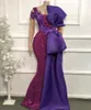 Lila Abendkleider mit Pailletten und großer Schleife, U-Ausschnitt, glänzende Spitze, perlenbesetzt, Meerjungfrau-Abschlussballkleid, Robe de Soiré de Mariag