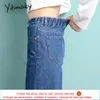 Yitimoky Calças de brim da cintura alta mulher Céu retas Blue Denim Calças Plus Size Elastic Washed Casual Vintage Streetwear Mom Jeans Mulheres 201029