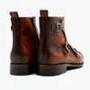 Hot Sale-Men Boots Custom Handmade Patina brown breathable square captoe buckles zipper mackay stitching