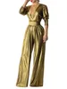 Formell klädkontor Lady Trendy Design Pure Color Empire Midja Löst full längd Jumpsuit Newon Spring Women V Neck Romper T200618