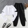 Spring Autumn Women Harajuku Cargo Pants Handsome Cool Two-piece Suit Chain Long Sleeve+Ribbon 220226