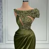 Robes de soirée élégantes sirène en satin olive avec paillettes d'argent col bijou grande taille robes formelles pour occasions spéciales