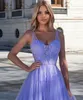 Lawenda musujące tiulowe sukienki na studniówkę Paski spaghetti Zastosowane A-line wieczorowe suknie imprezowe Otwarte Back Formal Vestidos Longo Robe D283L