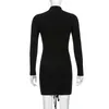 Tie Up Bandage Black Bodycon Dress Autumn Basic Long Sleeve Knitted Mini Dresses Ladies Skinny Casual Winter Fashion