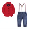 Meninos conjunto de roupas outono cavalheiro terno crianças manga longa gravata borboleta xadrez camisas cintas jeans calça crianças outfits8347501