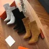 Hot Sale- Merk Womens Enkellaarzen Martin Dames Chunky Hoge Hak 10cm Fashion Toes 14cm Stretch Suede Booties