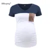 여름 출산 티셔츠 임신 짧은 소매 탑스 임신 스트라이프 셔츠 여성 스플 라이스 컬러 탑 여성 의류 포켓 LJ201123