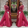 Dark Red Sheer Long Sleeves Prom Dresses A Line Appliques South African Arabic Split Bridesmaid Dress Plus Size With Overskirts