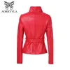AORRYVLA nouveau printemps femmes veste en cuir couleur rouge col rabattu courte longueur mince Style mode Faux cuir veste 201226