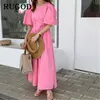 RUGOD Korean ins solid loose summer dress Fashion back singlebreasted ladies dress Casual square collor split maxi dress T200416