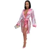 ANJAMANOR Sexy argent imprimé Satin Robes pour femmes vêtements de nuit robe de nuit vêtements de maison peignoir pyjamas salon porter Kimono D48CF21
