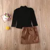 2021 Nieuwste Hot Peuter Baby Meisjes Kinderen Turtleneck Long Puff Sleeve Sweater Tops + Lederen Potlood Rok 2 stks Outfit Kleding Set 201031