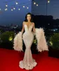 2020 Arabische Luxe Mermaid Avondjurken met Bont Wrap Lovertjes Prom-jurken Sweetheart Deep V-hals Speciale gelegenheid Jurk