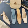 Aneikeh 새로운 2021 슬리퍼 여성 노새 여름 머리 엿봄 발가락 얇은 Pleated 하이힐 패션 슬립 펑크 숙녀 파티 신발 35-39 C0129