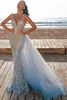 Underbara som Sky Blue Mermaid Evening Prom Dresses Deep V Neck Luxury pärlstav paljetter med kvällsklänningar avtagbar tyllkjol2590538