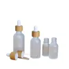 White Frost Glass Essential Oil Dropper Bottle Empty Cosmetic Packaging Filling Vials Bamboo Wood Lid White Rubber Top 5ml 10ml 15ml 20ml 30ml 50ml 100ml