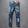 Amerikanische Streetwear Mode Männer Jeans Elastische Slim Fit Zerrissene Denim Bleistift Hosen Homme Patches Designer Stretch Hip Hop Hosen 201117