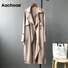 Aachoee elegante cor sólida windbreaker mulheres casaco com bolsos moda split hem faixas outwear casual longa trinchada 201102