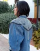 Boho inspirierte blaue Jeansjacke mit Fransen, lange Ärmel, lockere lässige Jeansjacke für Damen, Herbst-Winterjacke, Damen-Outwear