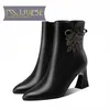 MLJUESE 2021 women ankle boots Cow leather winter short plush black color bow-tied pointed toe high heels female ankle boots1