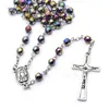 Kolor Kryształ Różaniec Neckalce Vintage Cross Długi Religijny Módl Naszyjnik Z Plastikowym Pudełkiem Dla Mężczyzn Kobiet