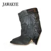 JAWAKYE Black Grey Tassel Ankle Boots for Women Spike High Heel Boots Suede Autumn Winter Fringed Botas Mujer Wedge Shoes Woman 208653721