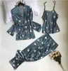 SAPJON 2019 Yeni 3 ADET Kadın Pijama Setleri ile Pantolon Seksi Pijama Saten Çiçek Baskı Gecelikler Ipek İmmali Pijama Pijama Y200708
