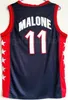 1996 US Dream Three Basketball 11 Karl Malone Jerseys Hombres Azul marino Blanco 5 Grant Hill 10 Reggie Miller 4 Charles Barkley