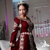 Burgundy Velvet Prom Formal Dresses with Overskirt 2021 Karakou Algérien Luxury Gold Lace Embroidery Kaftan Caftan Evening Gowns