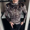 최고 품질의 남자 T 셔츠 패션 가을 가을 겨울 슬림 한 캐주얼 티셔츠 남성 긴 소매 하이 칼라 표범 프린트 탑 스티 220118