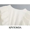 kpytomoa女性甘いファッションフリルクロップドブラウスヴィンテージvネック縛られた半袖女性シャツBlusas Chic Tops LJ200811