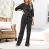 Kvinnor Casual Two-Piece Sets 2020 Höst Vår damer 3/4 Ärmar Toppslånga Byxor Elegant O-Neck Striped Fritid Pass Pus Storlek1