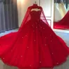 Dubai Muslim Red Wedding Dresses 2021 Beading Crystals Plus Size Bridal Gowns With Cape Gorgeous Brides Marriage Dresses Custom5816839179