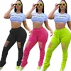 Zynzwx Plus Size Neonスタックスウェットパンツ女性弾性ハイウエストジョガー夏のレギンスベルボトムズボンRuchedフレアパンツT200422