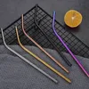 7st / set Portable Rostfritt Stål Straw Set Eco Friendly Reusable Rak Bent Straws Rengöring Borste Sked Dricker Rullar med Box Hy0323