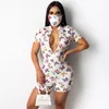 Anjamanor Butterfly Print Front Zipper Short Sleeve Bodycon Rompers Womens Jumpsuit Summer 2020 Sportig One Piece Outfit D70-BE17 T200704