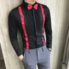 Men's Tuxedo Shirt and Bow-tie Chest Pleated Strap Long Sleeve Slim Fit Prom Dress Blouse Black Red White Man Wedding Social Tops