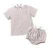 KT INS NUEVO DISEÑOS DISEÑOS NIÑOS NIÑOS JUEGOS DE ROPA DE NIÑAS 2 PIEZAS Trajes de verano Correas de verano Cinturón de tees + Bloomers en blanco Lino orgánico Algodón