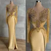 Gold Mermaid Satin Evening Dresses Appliques Long Sleeves Shiny Beads Crystals High Split Party Prom Gowns Robe De Soiree PRO232
