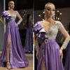 Purple Beads Evening Dress A Line 2022 Sheer Long Sleeves High Side Split Prom Gowns Formal Dress Abendkleider