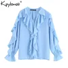 Vintage Stilvolle Rüschen Chiffon Stilvolle Tops Frauen Blusen Mode V-ausschnitt Langarm Damen Shirts Casual Blusas Mujer LJ200810