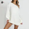 Abito maglione lavorato a maglia Abito manica lunga bianco Autunno inverno Abbigliamento donna Lanterna Donna Sexy Mini 201029