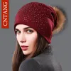 CNTANG Mode Herbst Mützen Strass Hut Für Frauen Weibliche Skullies Natürliche Waschbären Bommel Pelz Hüte Winter Warme Baumwolle Caps1