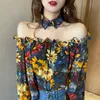 Women's Blouses & Shirts Spring and Summer tops fashion floral blouse layered ruffled floral pattern puff sleeve off-shoulder bow tie semi-transparent chiffon shirt