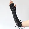 Five Fingers Gloves 2021 Sexy Long Black Women Ladies Fetish Lacing Clubwear Cosplay Costumes1
