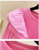 Nouveau design Femmes Pink Couleur O Neck à manches longues Loose Gauze Ruffles Patchwork mignon Sweatshirt Pullover Sweatons Smlxl