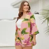 WHZHM Summer Flower Plus Size 3XL 4XL Sets Beach Women Long Sleeve Casual Printed Pink Set Women Two Pcs Floral Tops and Shorts T200325